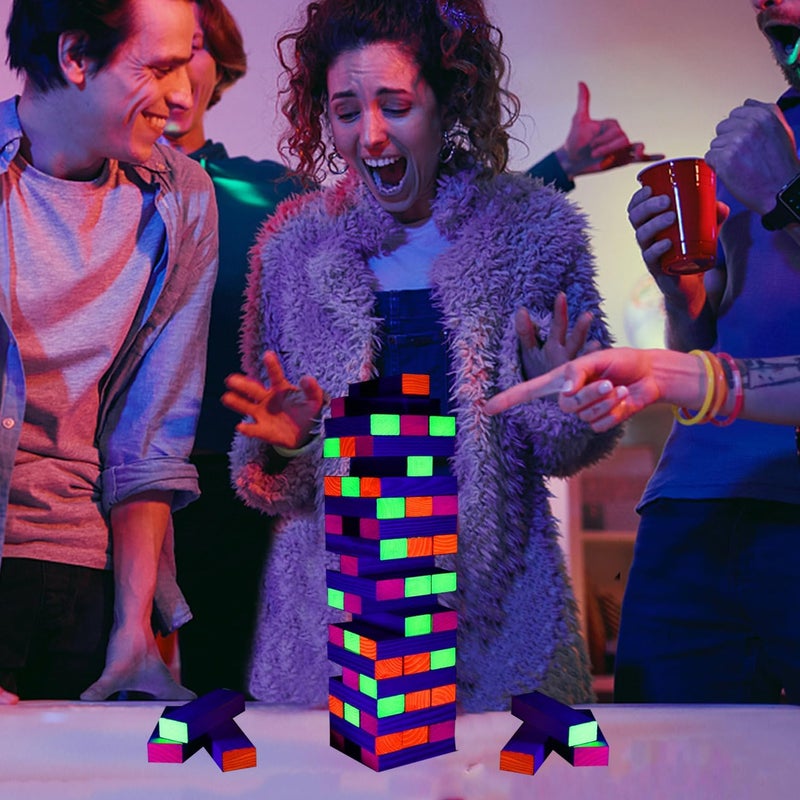 Ahuimeius 54 Piece Glow Tumble Tower Board Games, Glow in The Blacklight Tumble Tower, Indoor/Outdoor Board Game for Adults for Family Game Night - Image 5